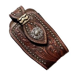 Nocona Genuine Leather TAN & BROWN CELL PHONE CASE w/ Embossed Floral Stud Clip